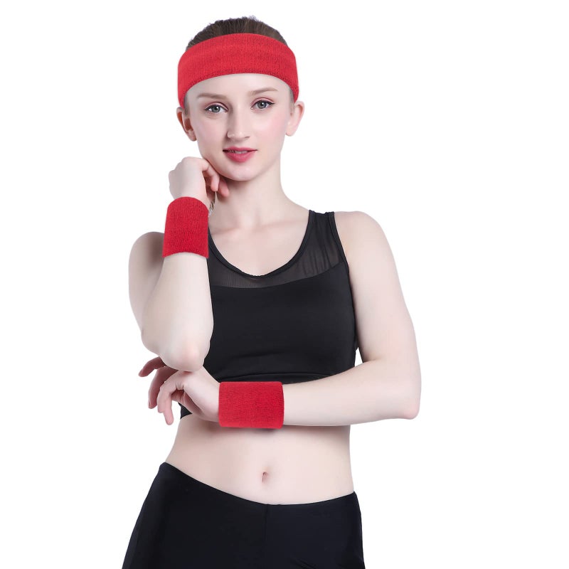 ONUPGO Red Sweatband, Sports Headband Striped SweatbandsSet, Terry Cloth Wristband Athletic Exercise Basketball Wrist Sweatband and Headbands Moisture Wicking Sweat Absorbing Head Band - Image 4